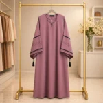 elegant mauve nida abaya with embellished neck & tassel sleeves