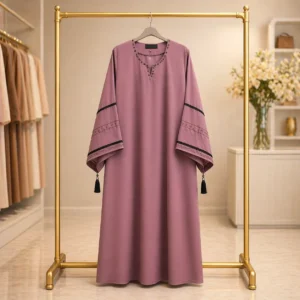 elegant mauve nida abaya with embellished neck & tassel sleeves