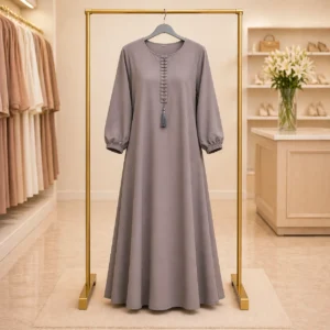 taupe grey nida fabric abaya – elegant button placket modest dress