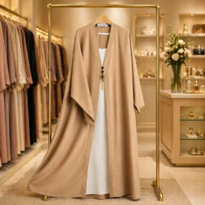 elegant tiktok silk open abaya – premium beige modest wear
